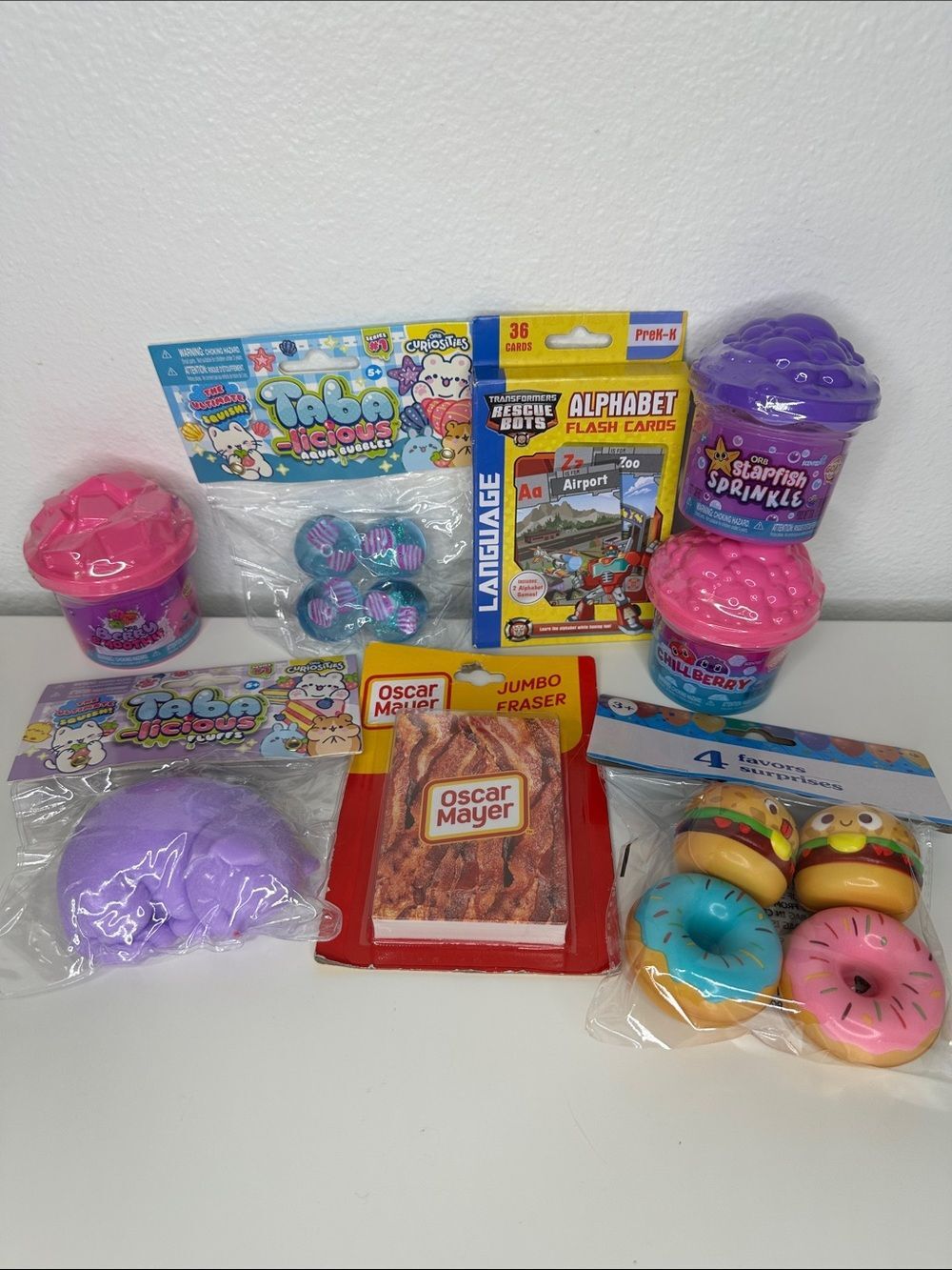 TABA-Licious Bubbles & Fluffs, Jumbo Oscar Mayer Eraser, Flash Cards, Orb Slime